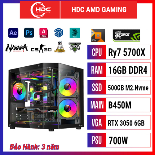 HDC AMD GAMING Ryzen 7 5700X / RAM 16GB / SSD 500GB NVME M.2 / B550M / RTX 3050 6GB
